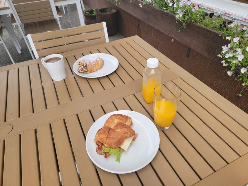 Zorro's croissant breakfast, coffee, and orange juice on the Ventnor patio